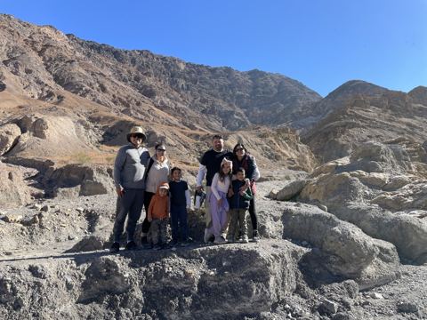 The whole group at the mouth of Mosaic Canyon below Tucki Mountain
