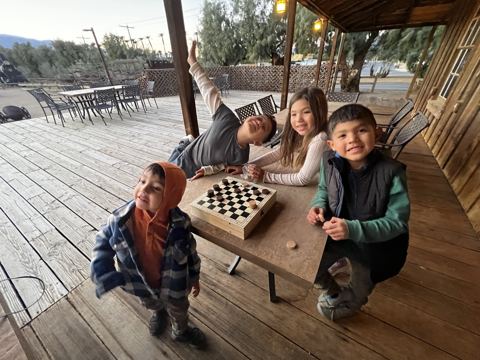 Checkers on the porch at The Ranch at Death Valley, Furnace Creek