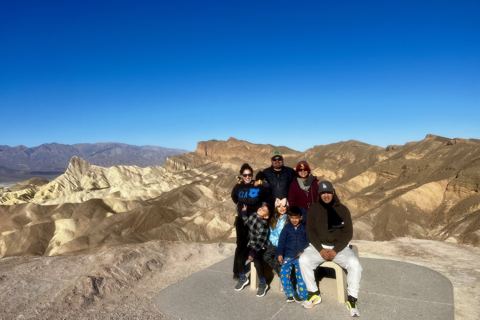 The whole crew at Zabriskie Point — the badlands glow in the low winter light