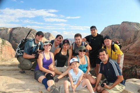 The whole crew on top of Angels Landing, 1,500 feet above the canyon floor