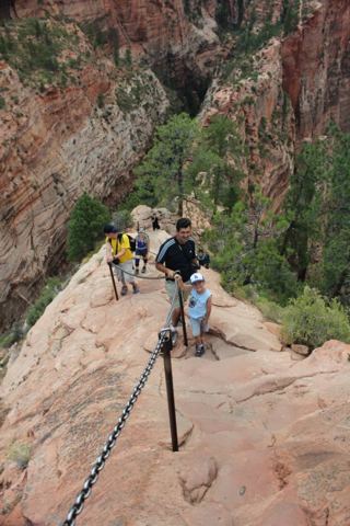 On the chains of Angels Landing, with Zion Canyon a long way down